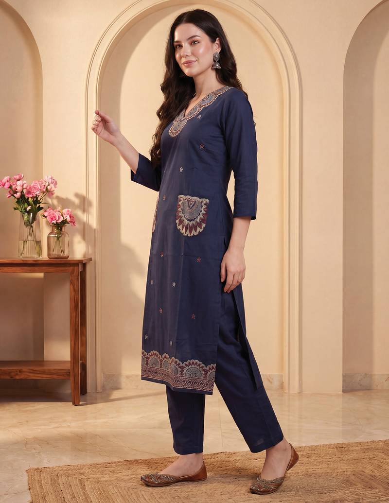 Navy blue printed pure cotton kurta trouser set