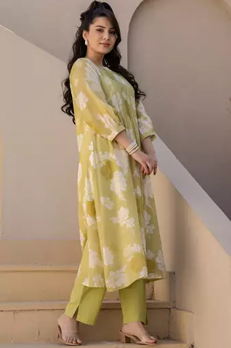 Green printed pure cotton kurta trouser set