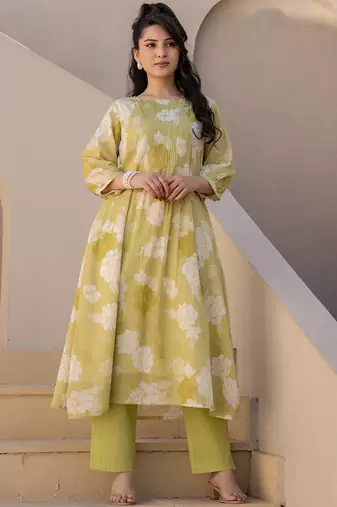 Green printed pure cotton kurta trouser set