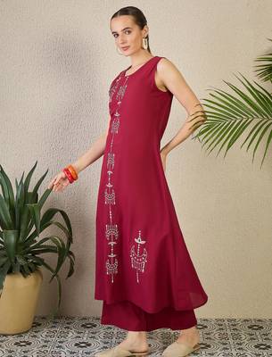 Maroon embroidered pure cotton kurta trouser set 3