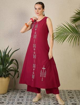 Maroon embroidered pure cotton kurta trouser set 4