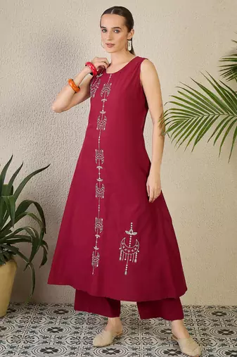 Maroon embroidered pure cotton kurta trouser set