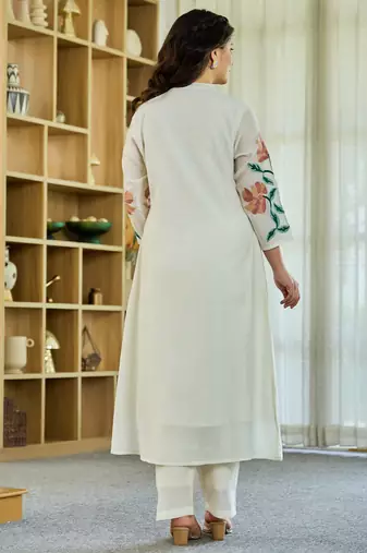 White embroidered pure cotton kurta trouser set