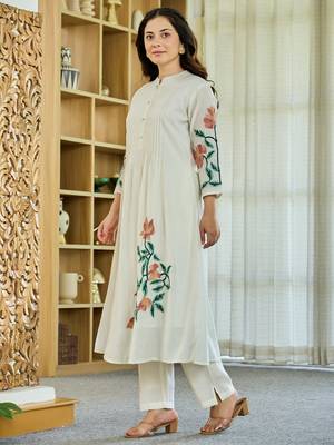 White embroidered pure cotton kurta trouser set 3