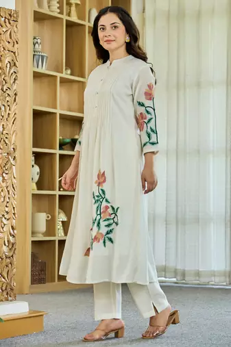 White embroidered pure cotton kurta trouser set