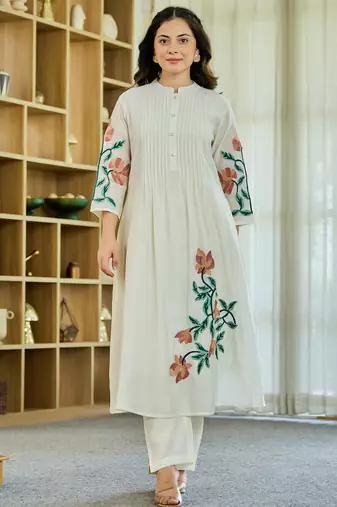 White embroidered pure cotton kurta trouser set
