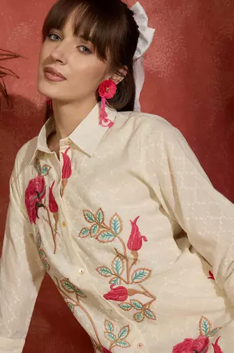 Off white embroidered pure cotton kurta trouser set