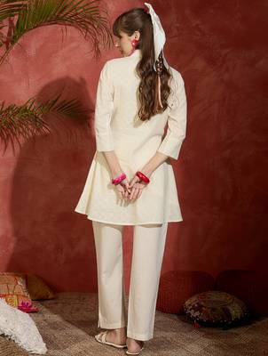 Off white embroidered pure cotton kurta trouser set 2