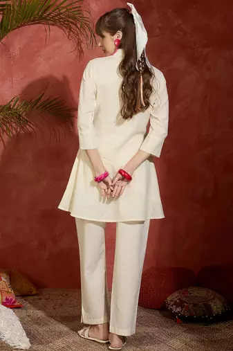 Off white embroidered pure cotton kurta trouser set