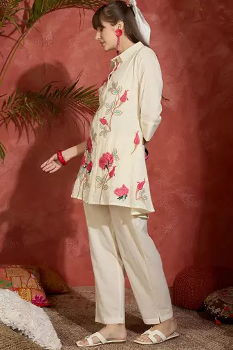 Off white embroidered pure cotton kurta trouser set