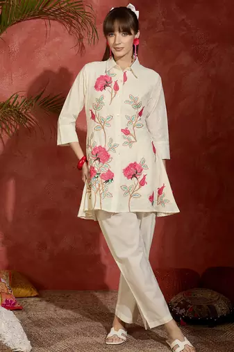 Off white embroidered pure cotton kurta trouser set