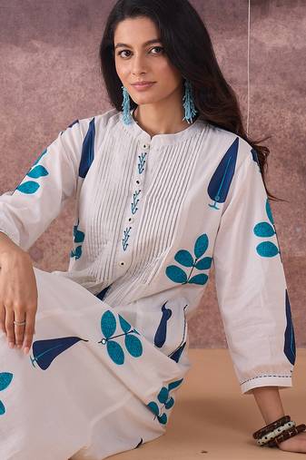 White printed pure cotton kurta trouser set