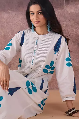 White printed pure cotton kurta trouser set