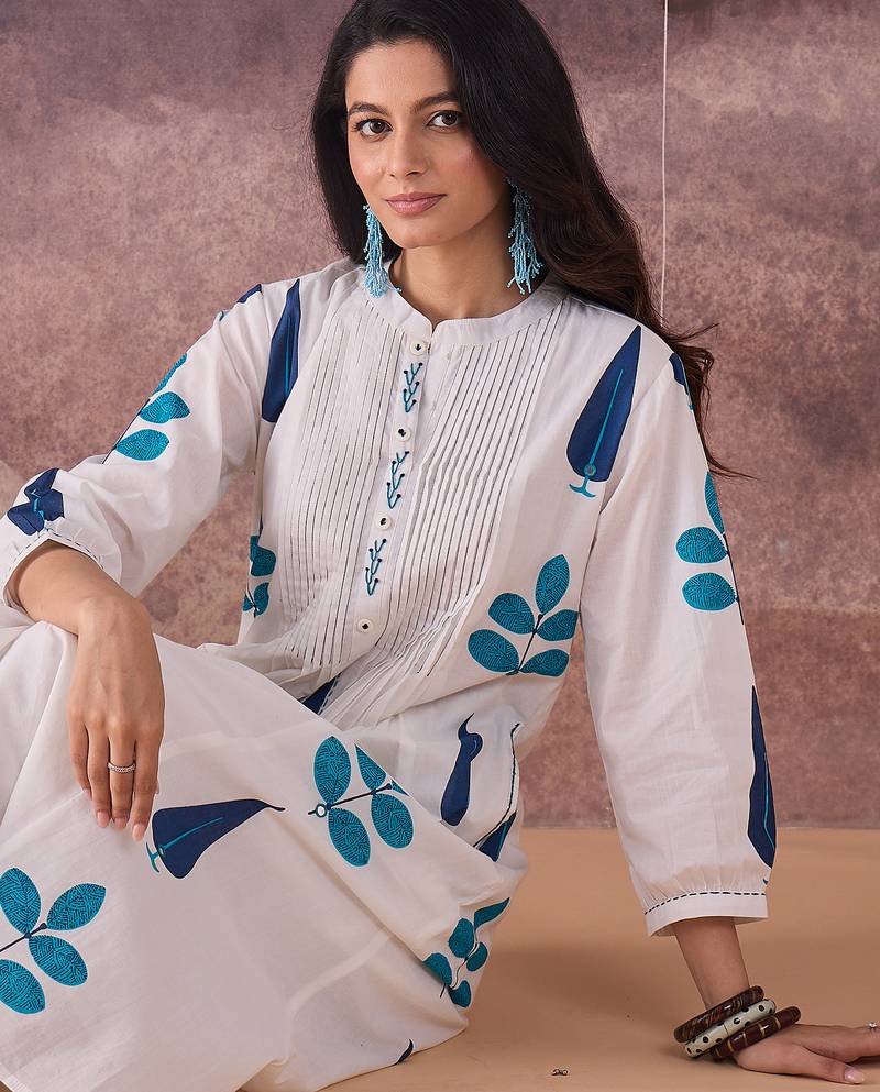 White printed pure cotton kurta trouser set