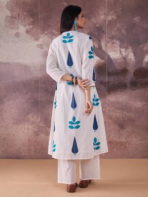 White printed pure cotton kurta trouser set 2
