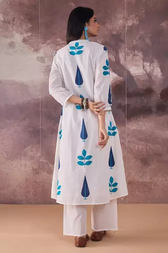 White printed pure cotton kurta trouser set