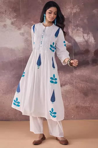 White printed pure cotton kurta trouser set