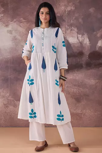 White printed pure cotton kurta trouser set
