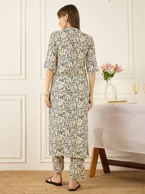 Off white printed viscose rayon kurta trouser set 2