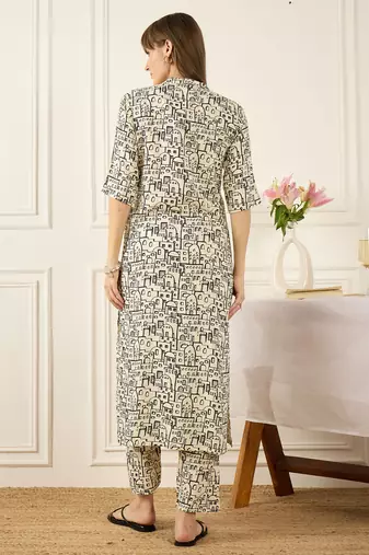 Off white printed viscose rayon kurta trouser set