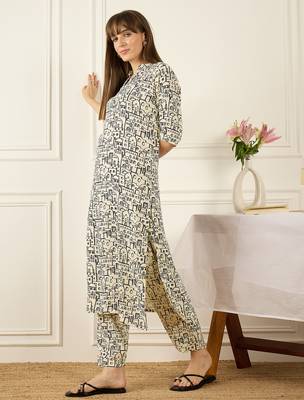 Off white printed viscose rayon kurta trouser set 3