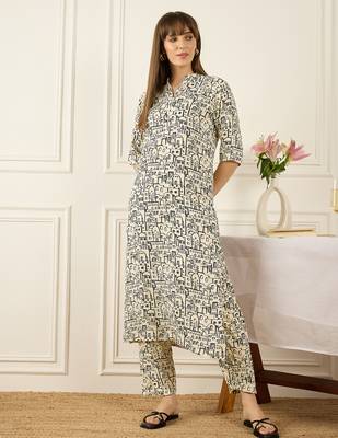 Off white printed viscose rayon kurta trouser set 4