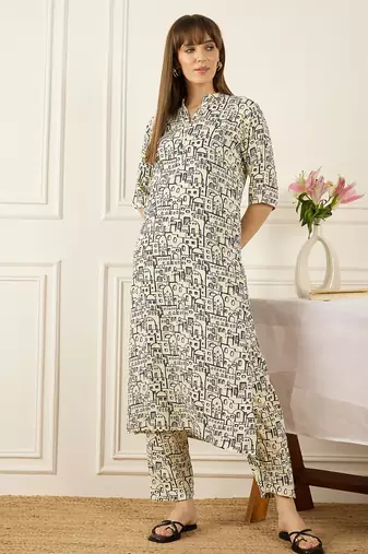 Off white printed viscose rayon kurta trouser set