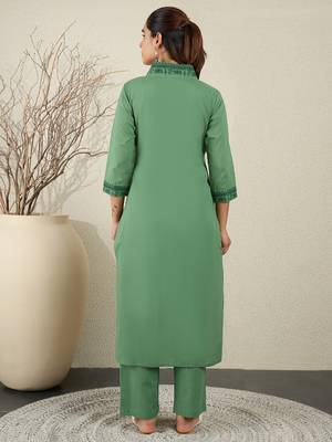 Green embroidered pure cotton kurta trouser set 2