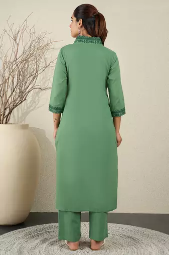 Green embroidered pure cotton kurta trouser set