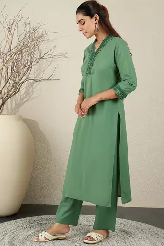 Green embroidered pure cotton kurta trouser set