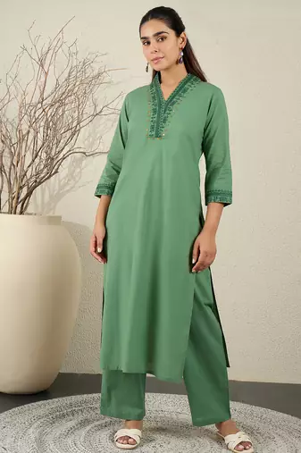 Green embroidered pure cotton kurta trouser set