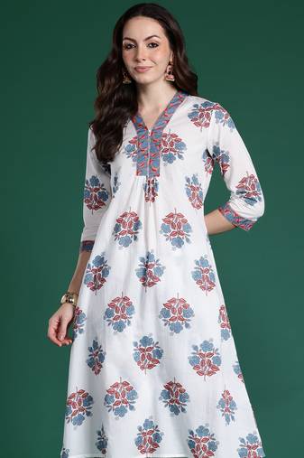 White printed pure cotton kurta trouser set