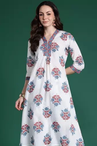 White printed pure cotton kurta trouser set