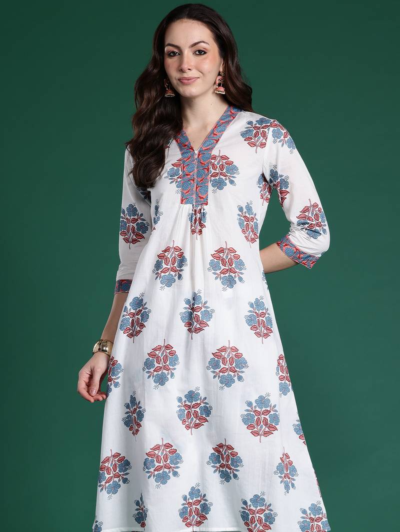 White printed pure cotton kurta trouser set
