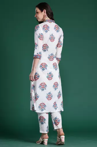 White printed pure cotton kurta trouser set