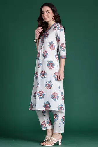 White printed pure cotton kurta trouser set