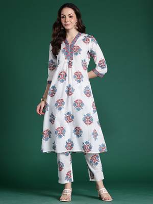 White printed pure cotton kurta trouser set 4