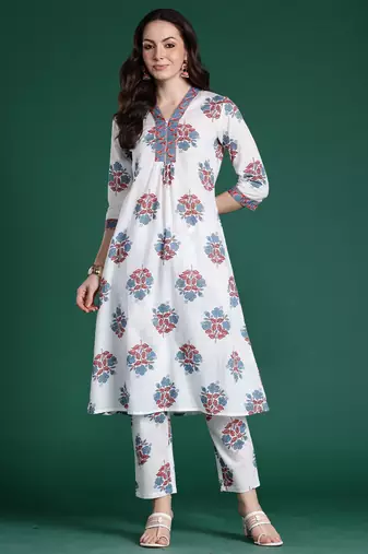 White printed pure cotton kurta trouser set