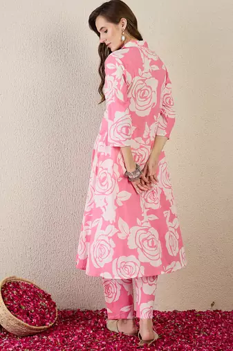 Pink printed pure cotton kurta trouser set