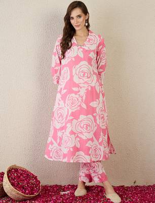 Pink printed pure cotton kurta trouser set 4