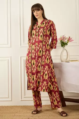 Pink printed pure cotton kurta trouser set