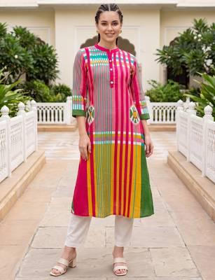 Multicolor printed pure cotton kurta trouser set 1