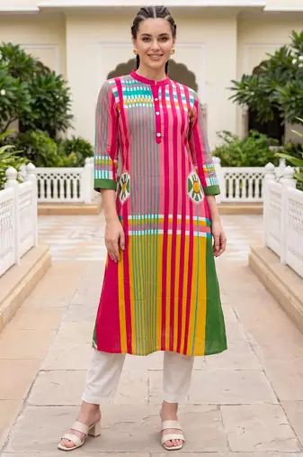 Multicolor printed pure cotton kurta trouser set