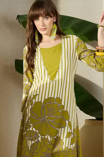 Green printed viscose rayon kurta trouser set
