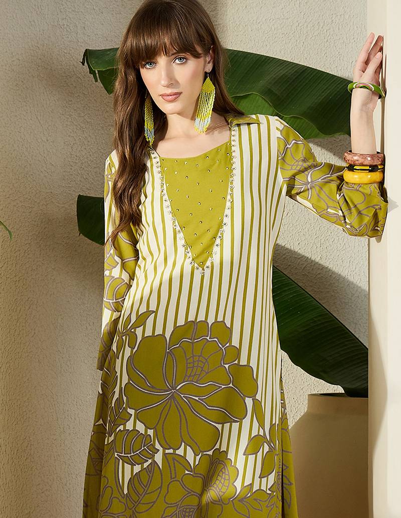 Green printed viscose rayon kurta trouser set