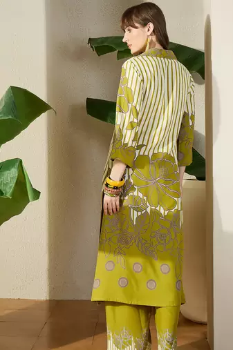 Green printed viscose rayon kurta trouser set