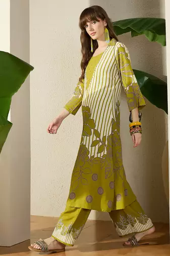 Green printed viscose rayon kurta trouser set