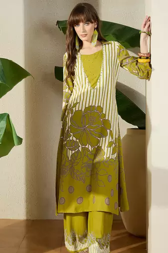 Green printed viscose rayon kurta trouser set