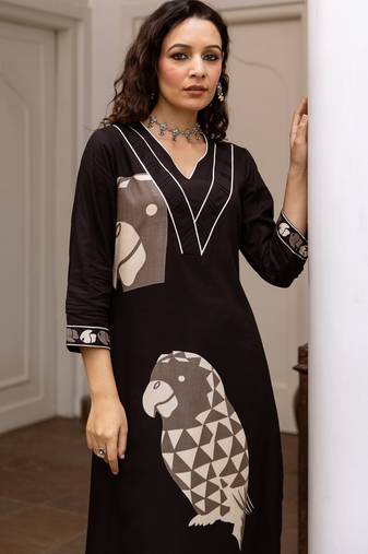 Black printed viscose rayon kurta trouser set