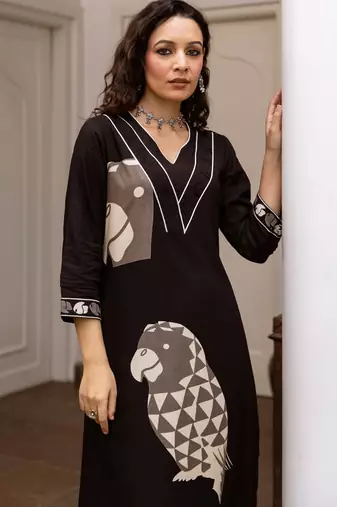 Black printed viscose rayon kurta trouser set
